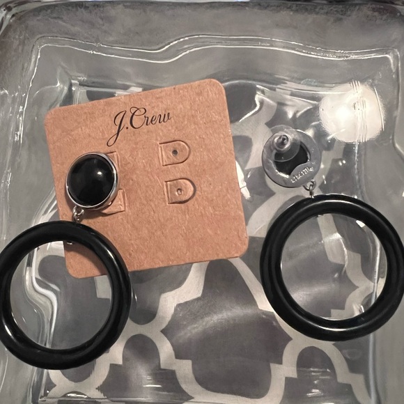 J Crew NWT Black Plastic W/Silver Trim Hoop Pierced Earrings - Picture 3 of 3